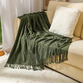 Yarn Craftsman 100% Polyester Blanket Summer Sofa Solid Color Tassel Chenille Thin Blanket